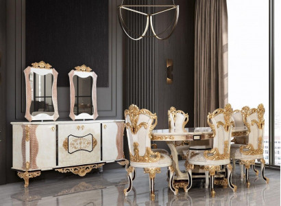 Luxury dining room set 9 pcs. Dining table + 6x chairs + sideboard with mirror white new