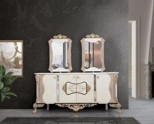 Luxury dining room set 9 pcs. Dining table + 6x chairs + sideboard with mirror white new