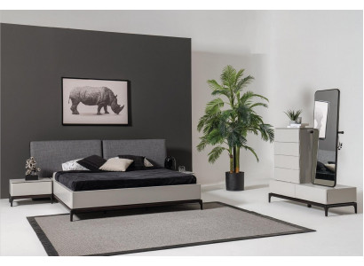Modern black and white bedroom set (bed, two nightstands, dresser with mirror)