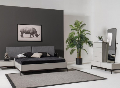 Modern black and white bedroom set (bed, two nightstands, dresser with mirror)