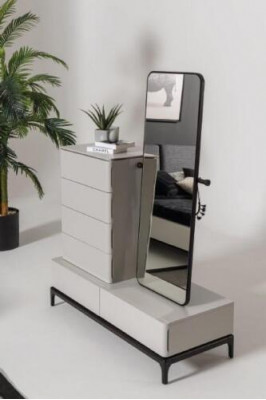 Modern black and white bedroom set (bed, two nightstands, dresser with mirror)