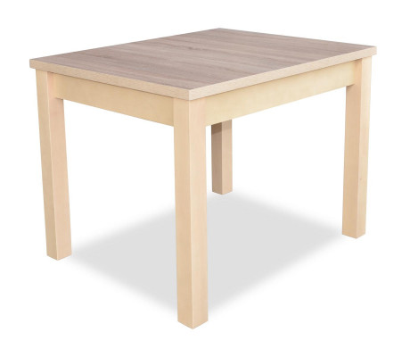 Stylish dining table with wooden top in beige color, modern dining room