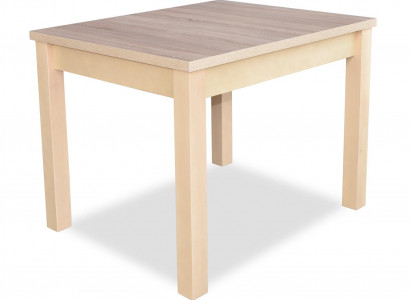 Stylish dining table with wooden top in beige color, modern dining room