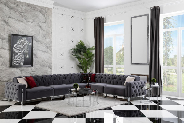 Modern corner sofa L-shape living room gray color wood textile couches