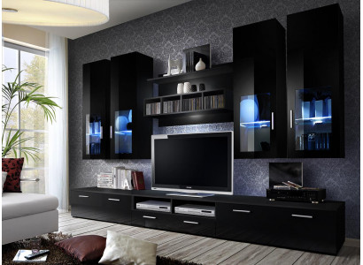 Complete living room wall, modern design, living room furniture, shelves, TV stand