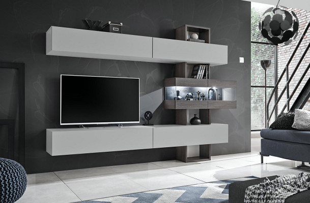 Living room complete furniture, TV lowboard, wall unit, wood designer furnishing.