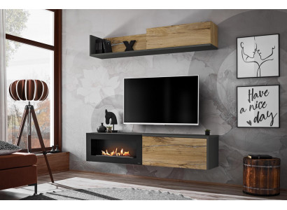 Living room TV furniture wall unit shelf TV stand with fireplace modern wood brown