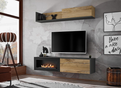 Living room TV furniture wall unit shelf TV stand with fireplace modern wood brown