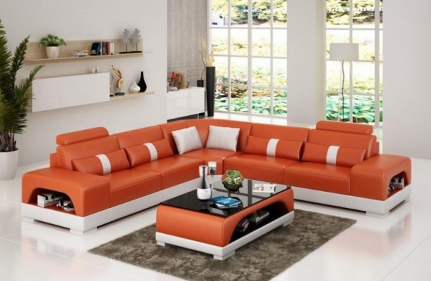 Corner sofa with USB, couch sofa living landscape seat corner set leather textile sand color