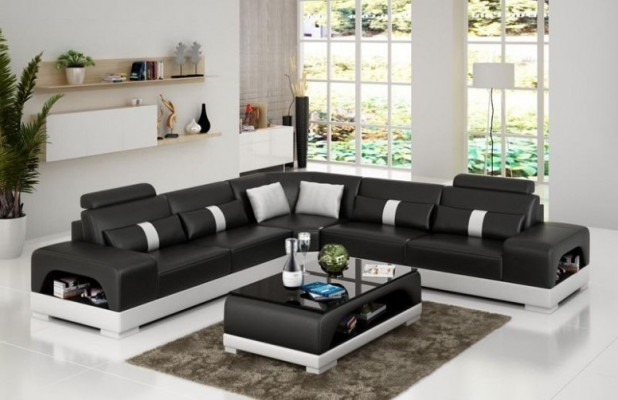 Corner sofa with USB, couch sofa living landscape seat corner set leather textile sand color