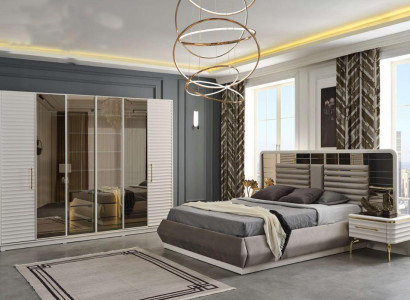 Modern double bed 2 bedside tables wardrobe bedroom set 4-piece