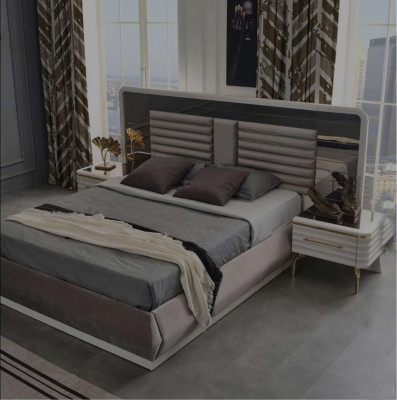 Modern bedroom furniture designer double bed 2x wooden nightstands 3-piece set
