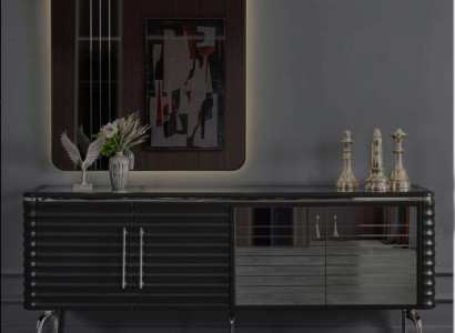 Stylish Dining Room Set Luxury Black Sideboard Mirror Wooden Furniture