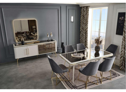 White-Gray Dining Room Set Wooden Table 6x Fabric Chairs Sideboard 9-piece