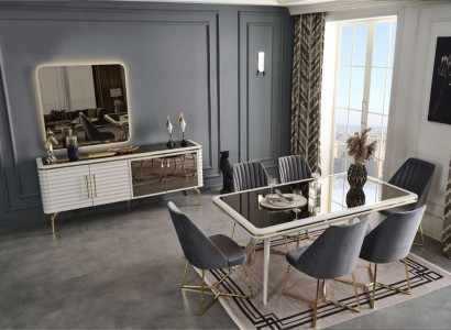 White-Gray Dining Room Set Wooden Table 6x Fabric Chairs Sideboard 9-piece