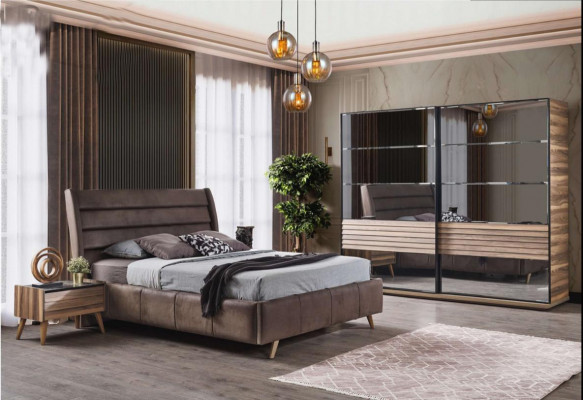 Modern bedroom furniture upholstered double bed wood nightstands wardrobe
