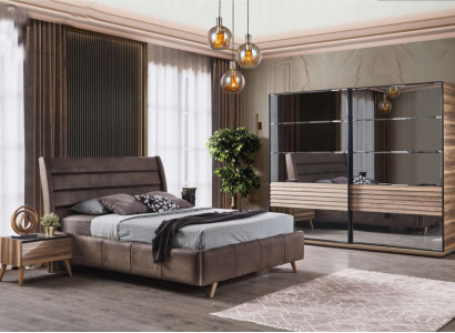 Modern bedroom furniture upholstered double bed wood nightstands wardrobe