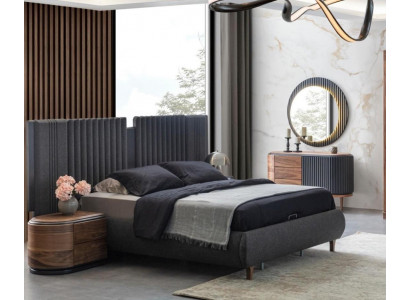 Modern gray bedroom set textile bed wooden nightstands dresser