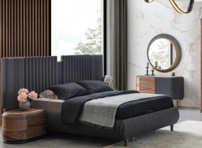 Modern gray bedroom set textile bed wooden nightstands dresser