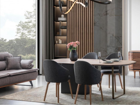 Designer dining set, modern brown chairs, wooden dining table, 5-piece set