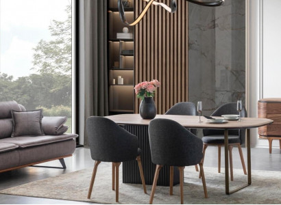 Designer dining set, modern brown chairs, wooden dining table, 5-piece set