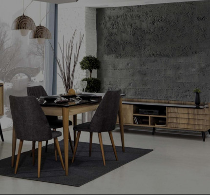 Dining room set designer brown dining table with 4 black upholstered chairs