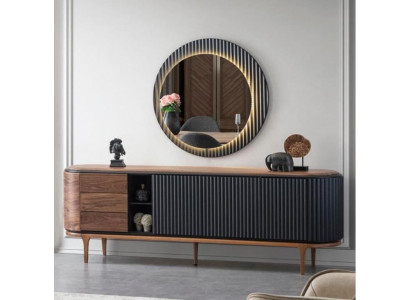Stylish Ensemble Designer Brown Sideboard Round Mirror 2-Piece Wood Set