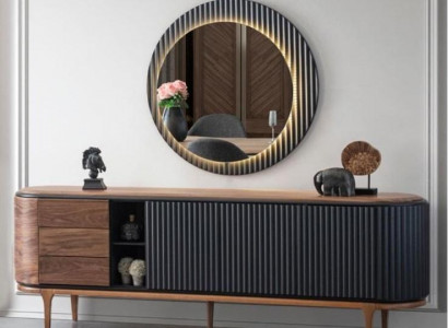 Stylish Ensemble Designer Brown Sideboard Round Mirror 2-Piece Wood Set