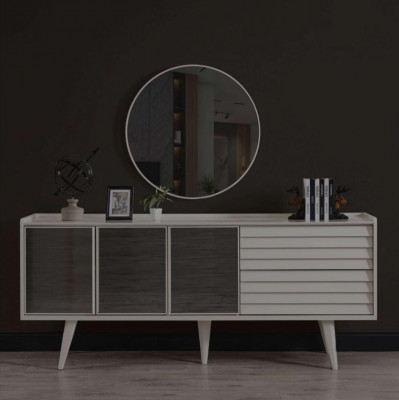 White Sideboard Luxury Round Mirror Designer Wooden Furniture 2-piece Set New
