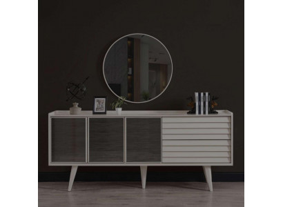 White Sideboard Luxury Round Mirror Designer Wooden Furniture 2-piece Set New