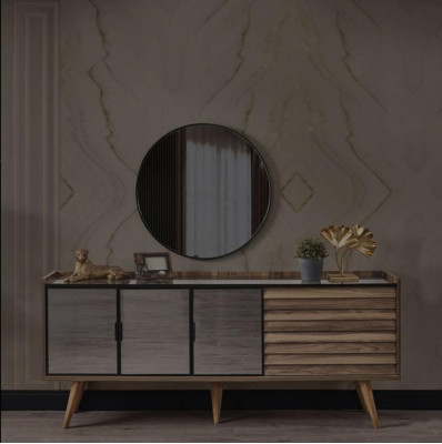 Brown dining room set, stylish sideboard, round mirror, wooden furniture, 2-piece