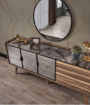 Brown dining room set, stylish sideboard, round mirror, wooden furniture, 2-piece