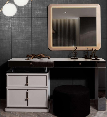 White vanity table designer rectangular mirror upholstered stool 3-piece set