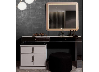 White vanity table designer rectangular mirror upholstered stool 3-piece set