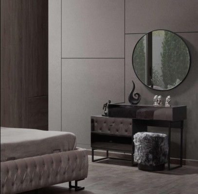 Designer gray dressing table, round mirror, upholstered stool, luxury 3-piece set