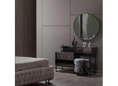 Designer gray dressing table, round mirror, upholstered stool, luxury 3-piece set