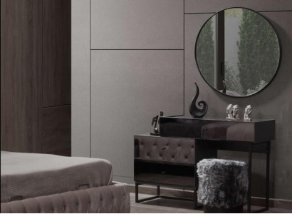 Designer gray dressing table, round mirror, upholstered stool, luxury 3-piece set