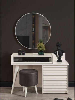 White dressing table with drawers, round chair, console, luxury upholstered stool, 3-piece set.