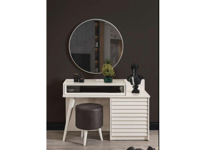 White dressing table with drawers, round chair, console, luxury upholstered stool, 3-piece set.