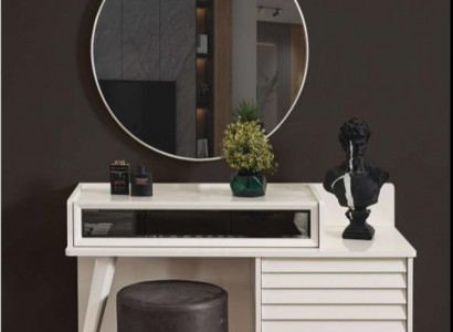 White dressing table with drawers, round chair, console, luxury upholstered stool, 3-piece set.