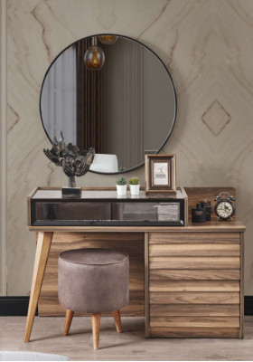 Brown wooden dressing table with round mirror, designer bedroom 2-piece set console.