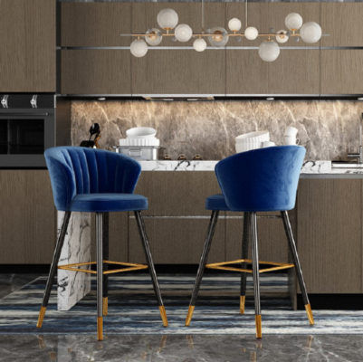 Blue bar stool designer furniture stainless steel upholstery single seater wooden legs