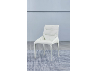 Dining room white single-seater designer chair with wooden frame and armrests.