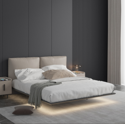 Light gray bedroom wall bed LED bed designer wood double beds