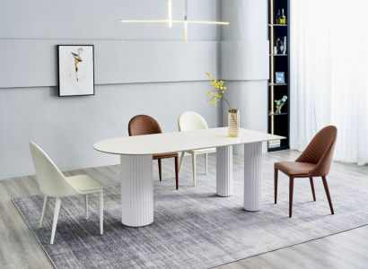 Dining room furniture: Half-round dining table, 4x white and brown chairs, luxury set