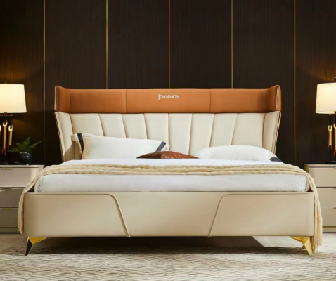 Bedroom beige double bed leather beds wooden frame textile furniture