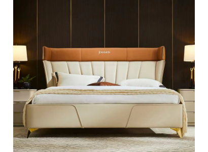 Bedroom beige double bed leather beds wooden frame textile furniture