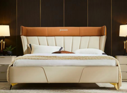 Bedroom beige double bed leather beds wooden frame textile furniture