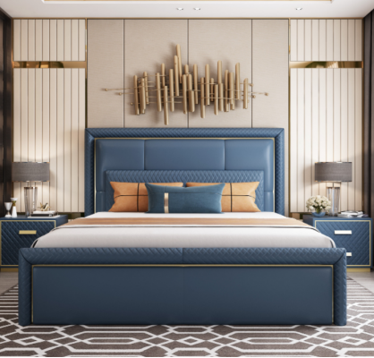 Large Blue Bedroom Bed Designer Double Beds Faux Leather Beds