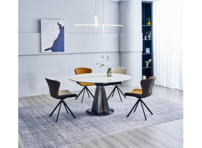 Modern dining set designer round table stylish 4x faux leather chairs 5-piece set